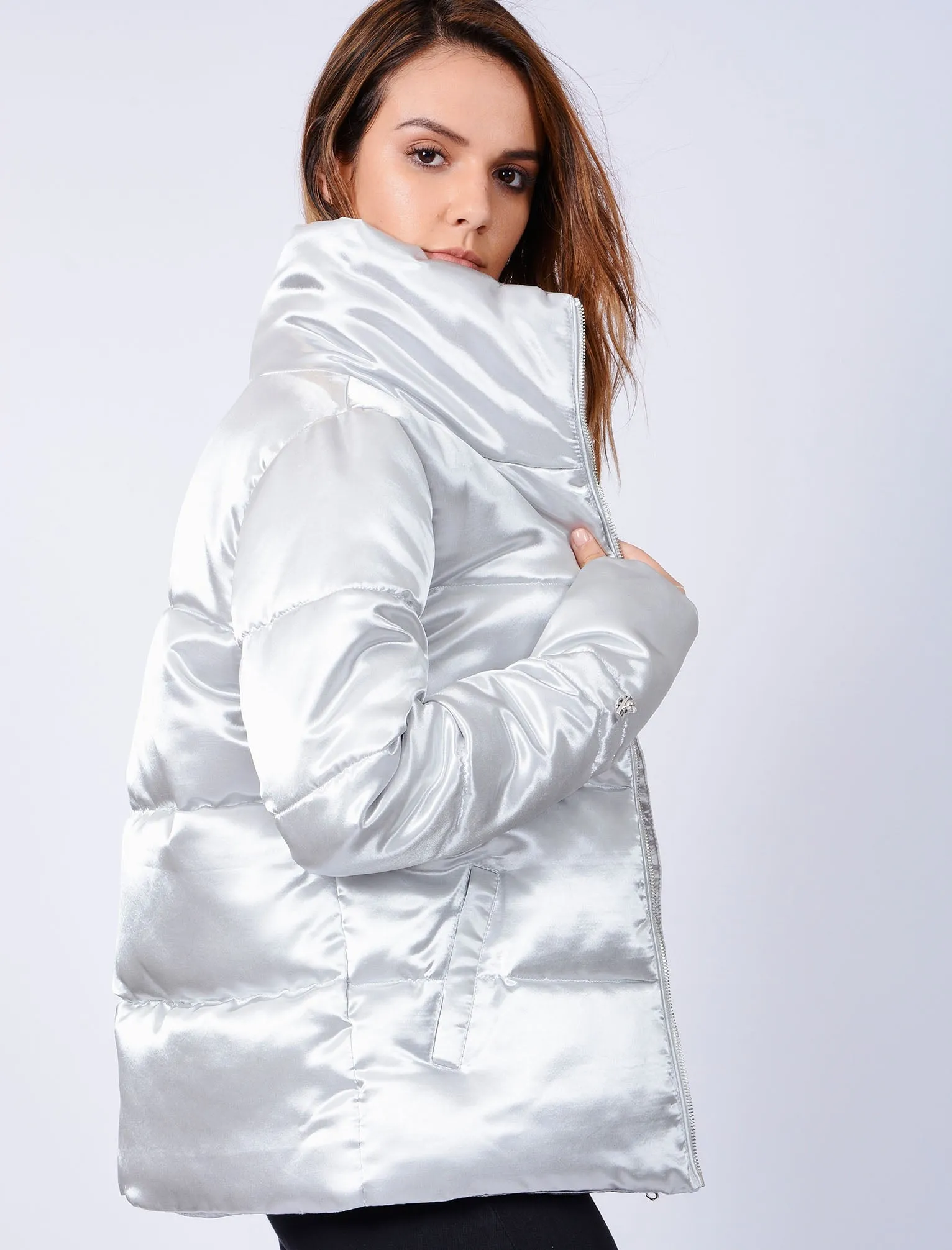 Edona Satin Quilted Puffer Jacket in Whisper Grey - Tokyo Laundry