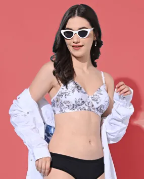 FIMS Fashion Padded Non-Wired Full Cup Floral & Skeleton Print bra White Colour