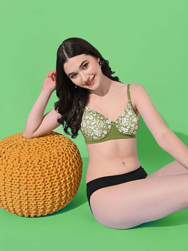 FIMS Fashion Padded Non-Wired Full Cup Floral Print bra Green Colour