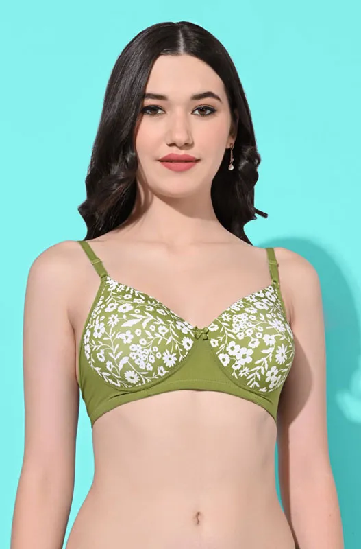 FIMS Fashion Padded Non-Wired Full Cup Floral Print bra Green Colour