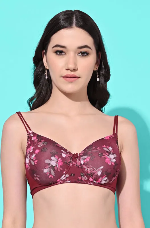 FIMS Fashion Padded Non-Wired Full Cup Floral Print bra Maroon Colour