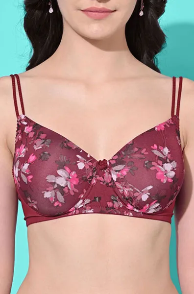 FIMS Fashion Padded Non-Wired Full Cup Floral Print bra Maroon Colour