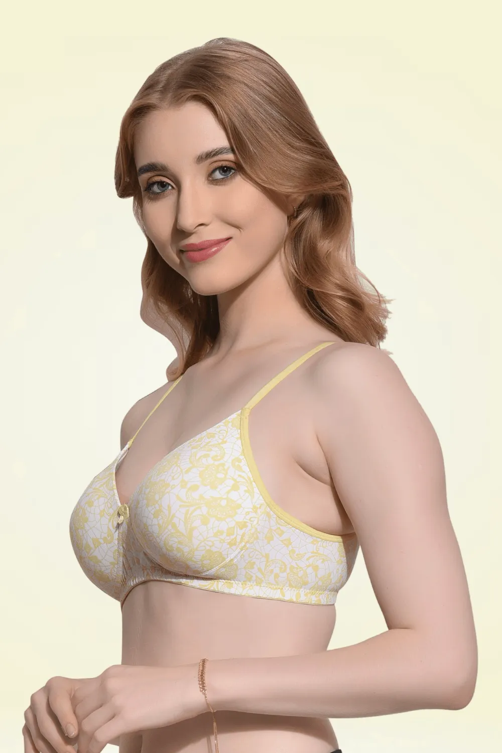 FIMS Fashion Padded Non-Wired Full Cup Floral Print bra Yellow Colour