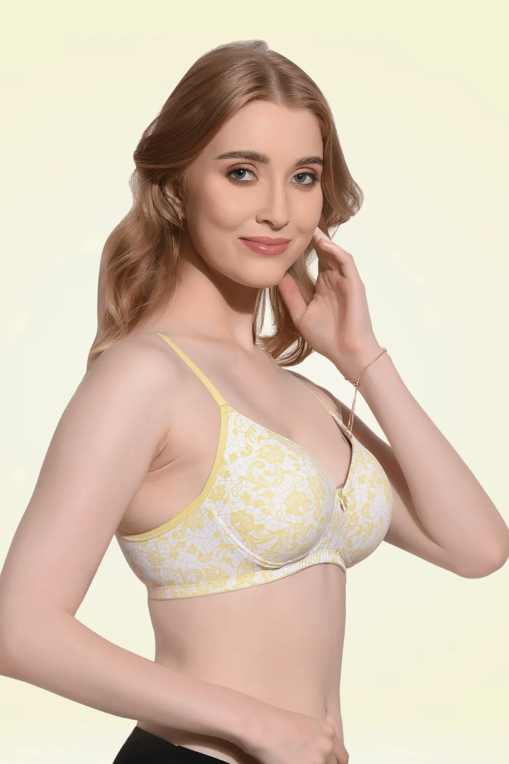 FIMS Fashion Padded Non-Wired Full Cup Floral Print bra Yellow Colour