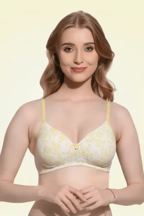 FIMS Fashion Padded Non-Wired Full Cup Floral Print bra Yellow Colour