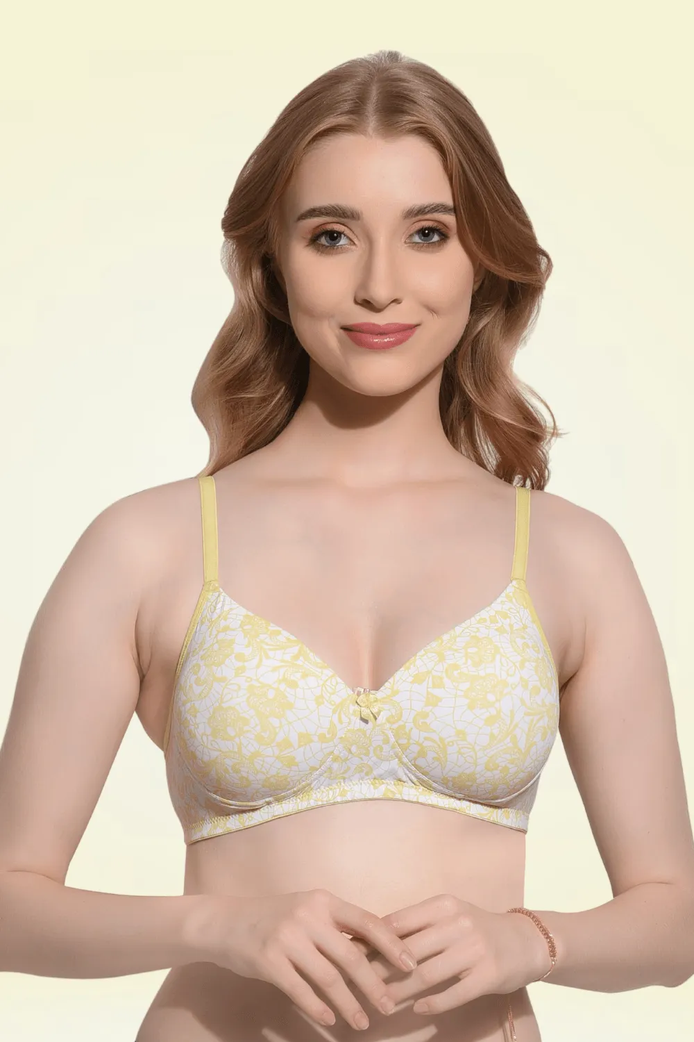 FIMS Fashion Padded Non-Wired Full Cup Floral Print bra Yellow Colour