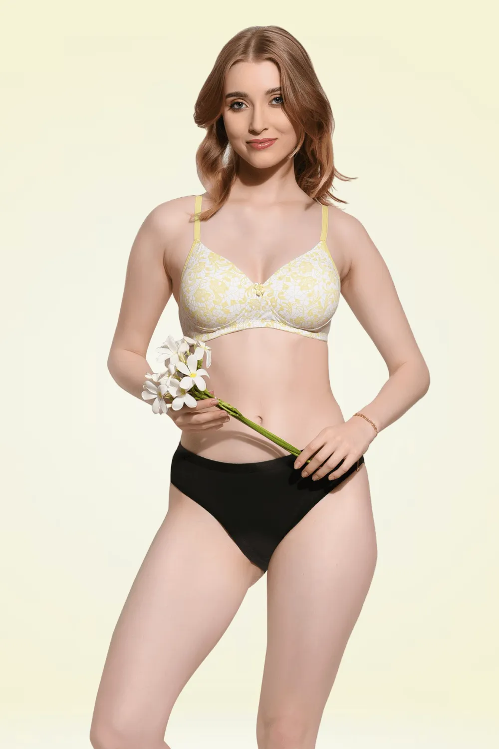 FIMS Fashion Padded Non-Wired Full Cup Floral Print bra Yellow Colour