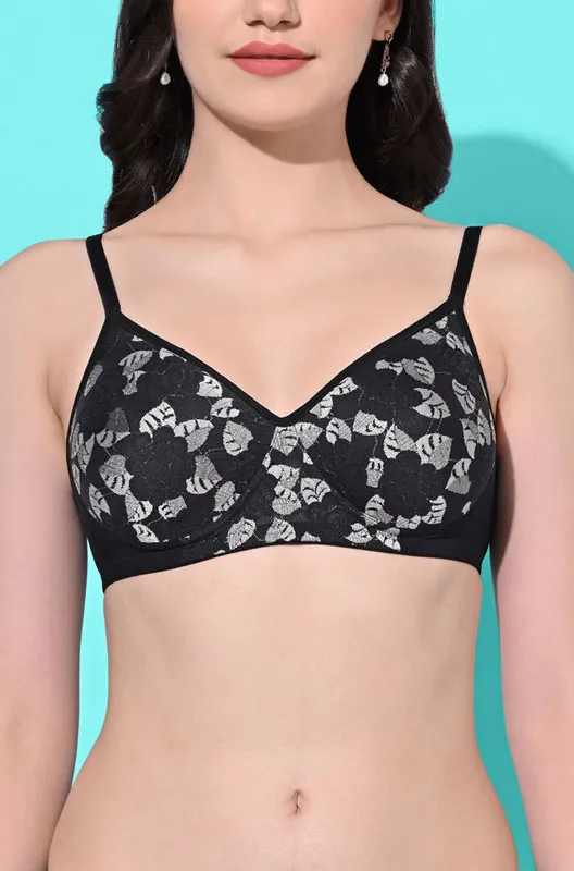 FIMS Fashion Padded Non-Wired Full Cup Floral Print Net bra Black Color