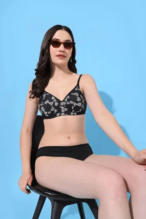 FIMS Fashion Padded Non-Wired Full Cup Floral Print Net bra Black Color