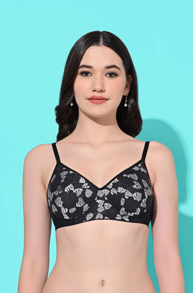 FIMS Fashion Padded Non-Wired Full Cup Floral Print Net bra Black Color