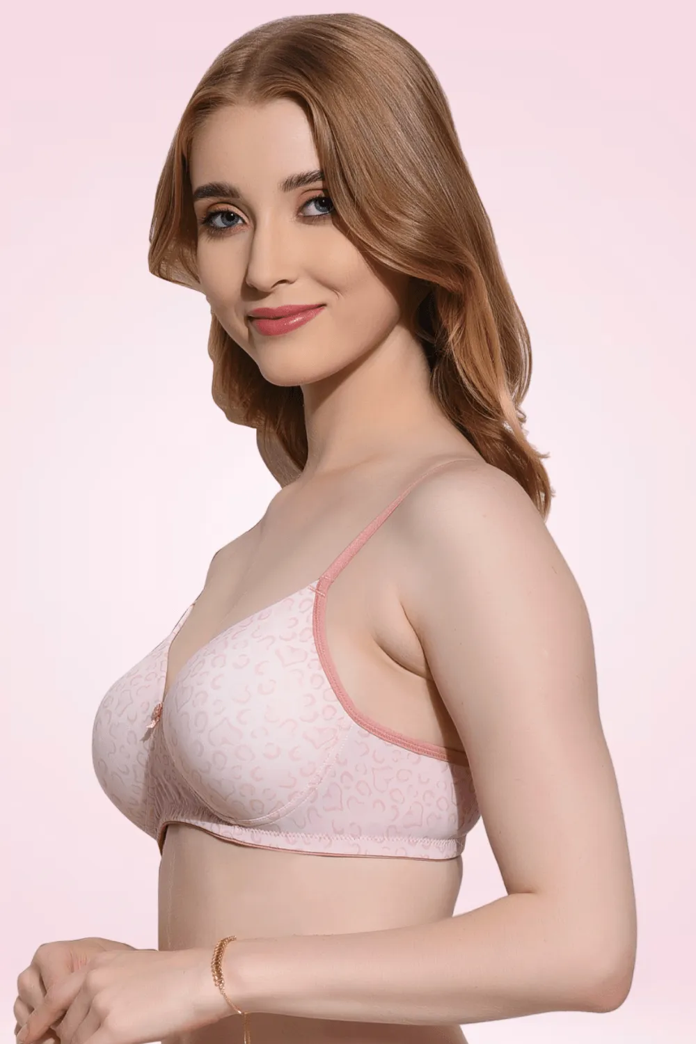 FIMS Fashion Padded Non-Wired Full Cup Heart Print bra Pink Colour