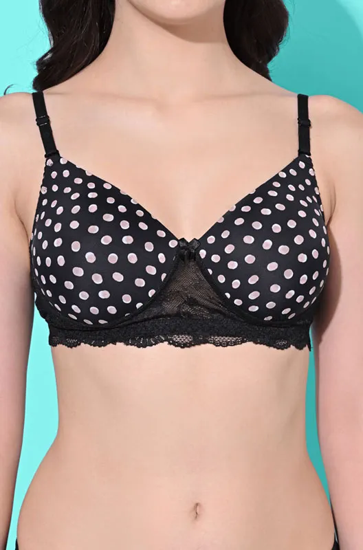 FIMS Fashion Padded Non-Wired Full Cup Polka Dot Print bra Black Color