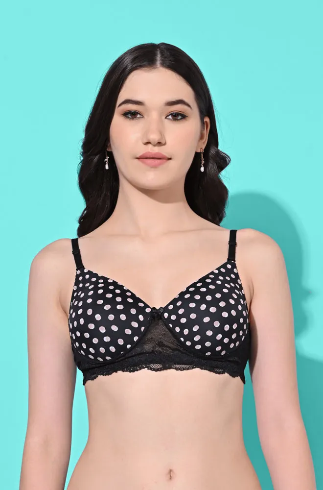 FIMS Fashion Padded Non-Wired Full Cup Polka Dot Print bra Black Color