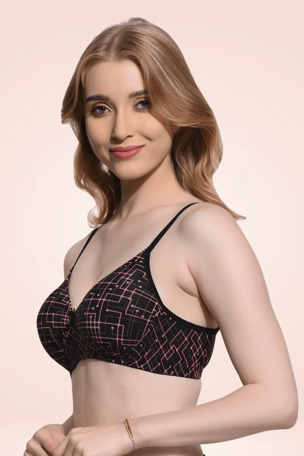 FIMS Fashion Padded Non-Wired Full Cup Printed bra Black Color