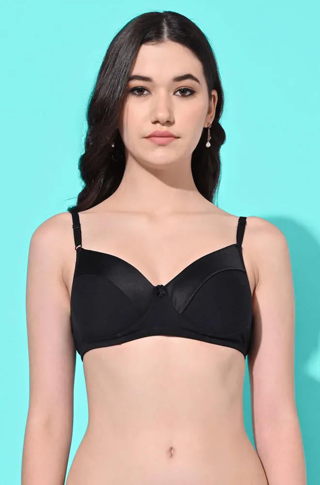 FIMS Fashion Padded Non-Wired Full Cup Solid Print bra Black Color