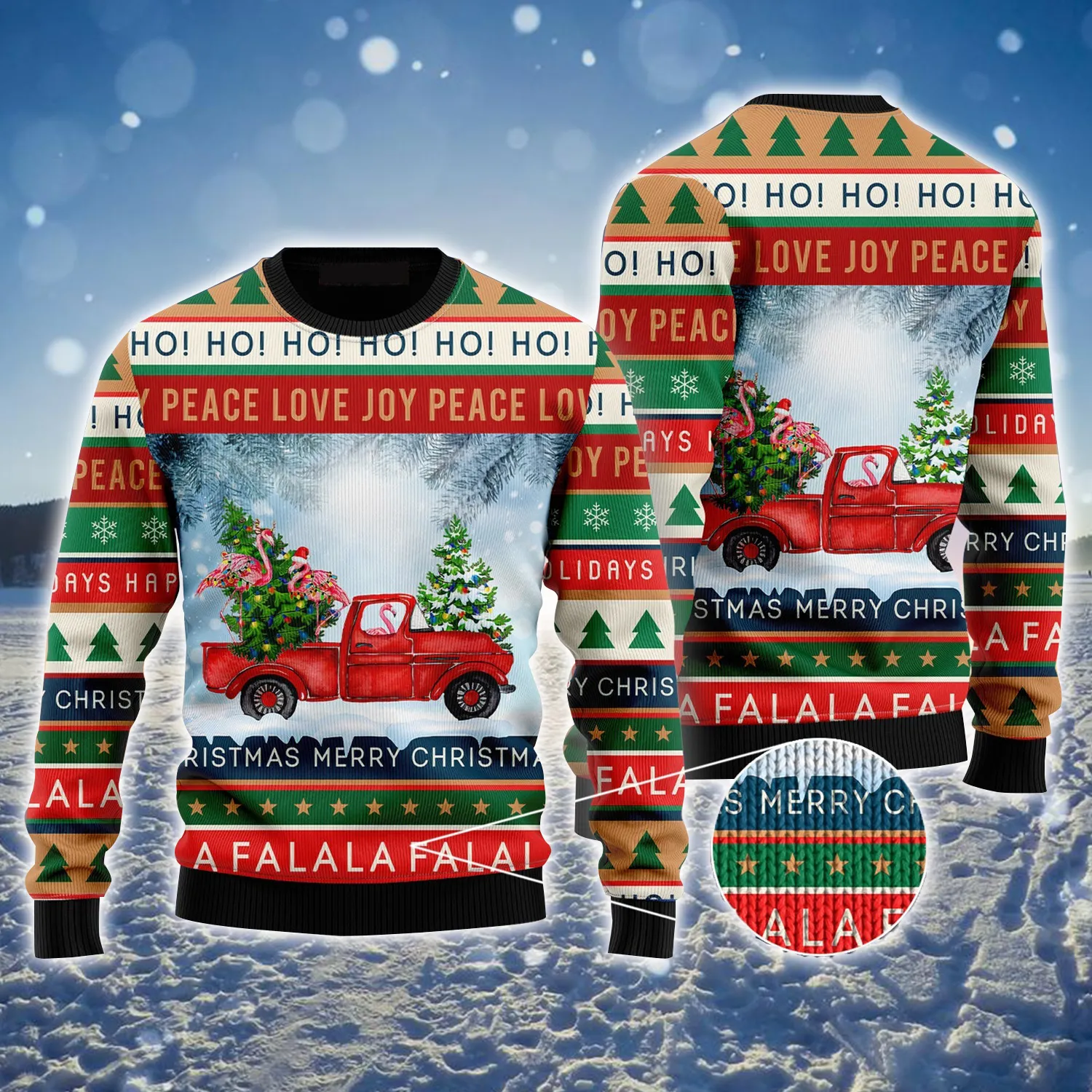 Flamingo Ugly Sweater, Funny Flamingo With Red Truck Christmas Holiday Ugly Sweater For Men & Women
