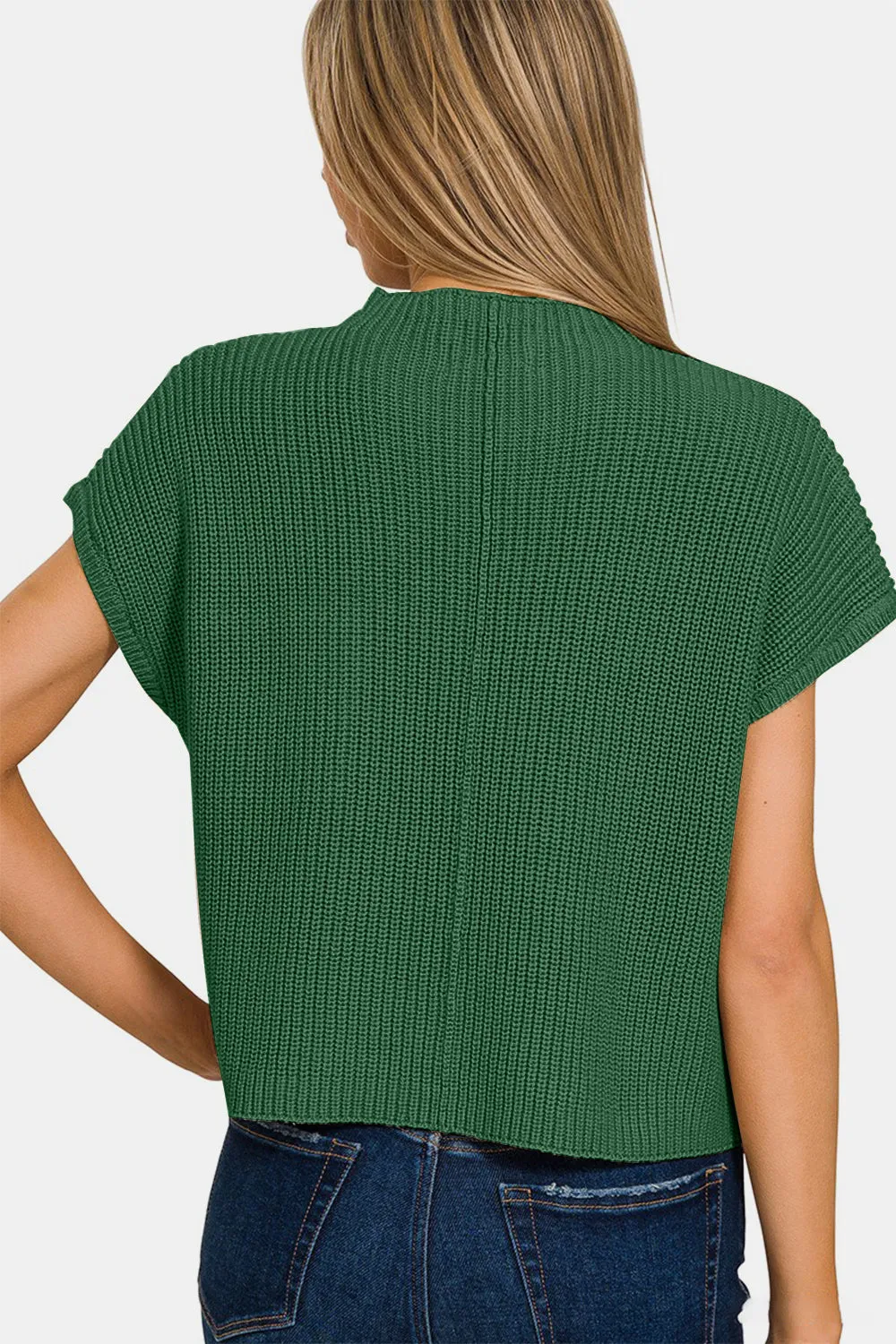 Forest Green  Cropped Sweater with Mock Neck &  Short Sleeve