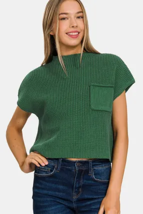 Forest Green  Cropped Sweater with Mock Neck &  Short Sleeve
