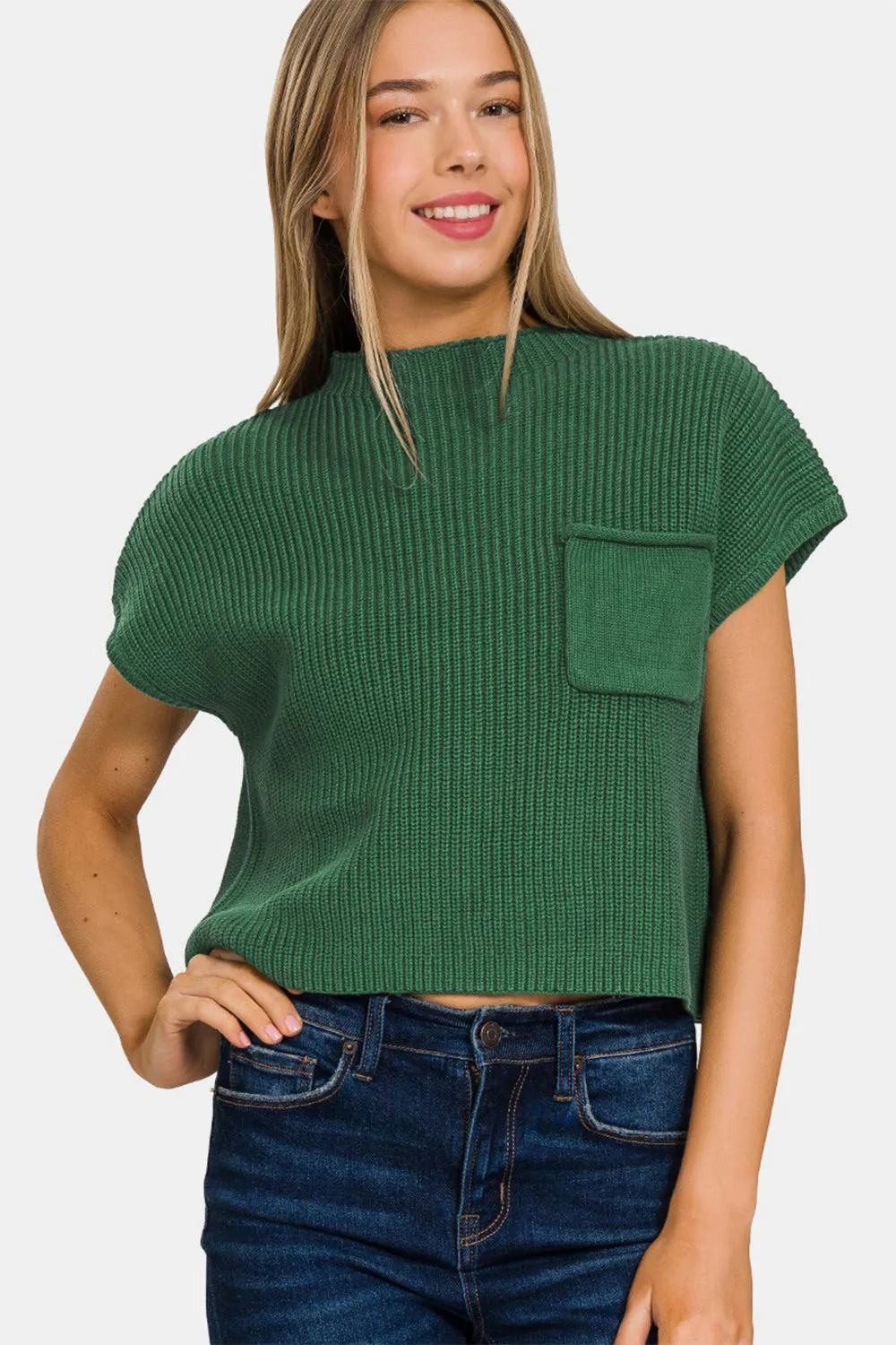 Forest Green  Cropped Sweater with Mock Neck &  Short Sleeve