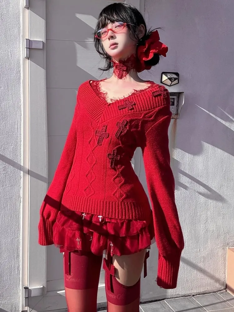 Gothic Red Crochet Crosses Lace Accents V-neck Slim-fit Sweater