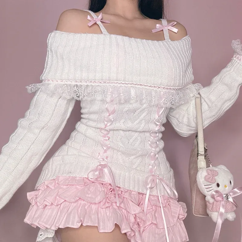 Handmade Sweater with Lace and Knitting Ribbon