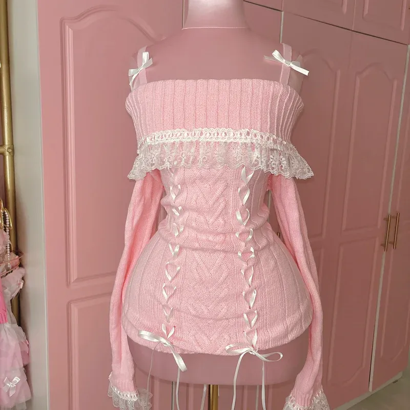 Handmade Sweater with Lace and Knitting Ribbon