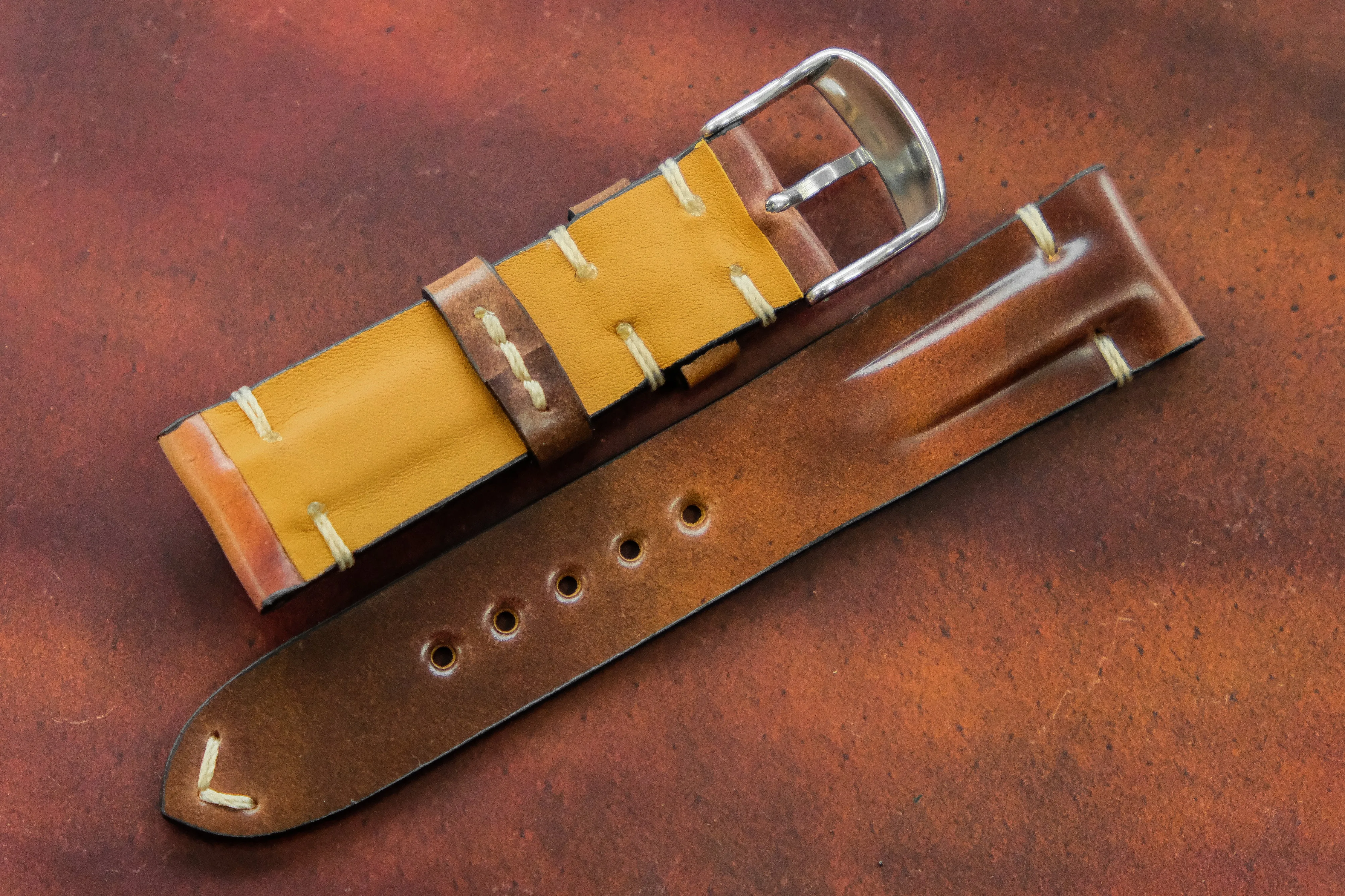 Horween Shell Cordovan Marbled Colour 8 Half Padded SS Leather Watch Strap