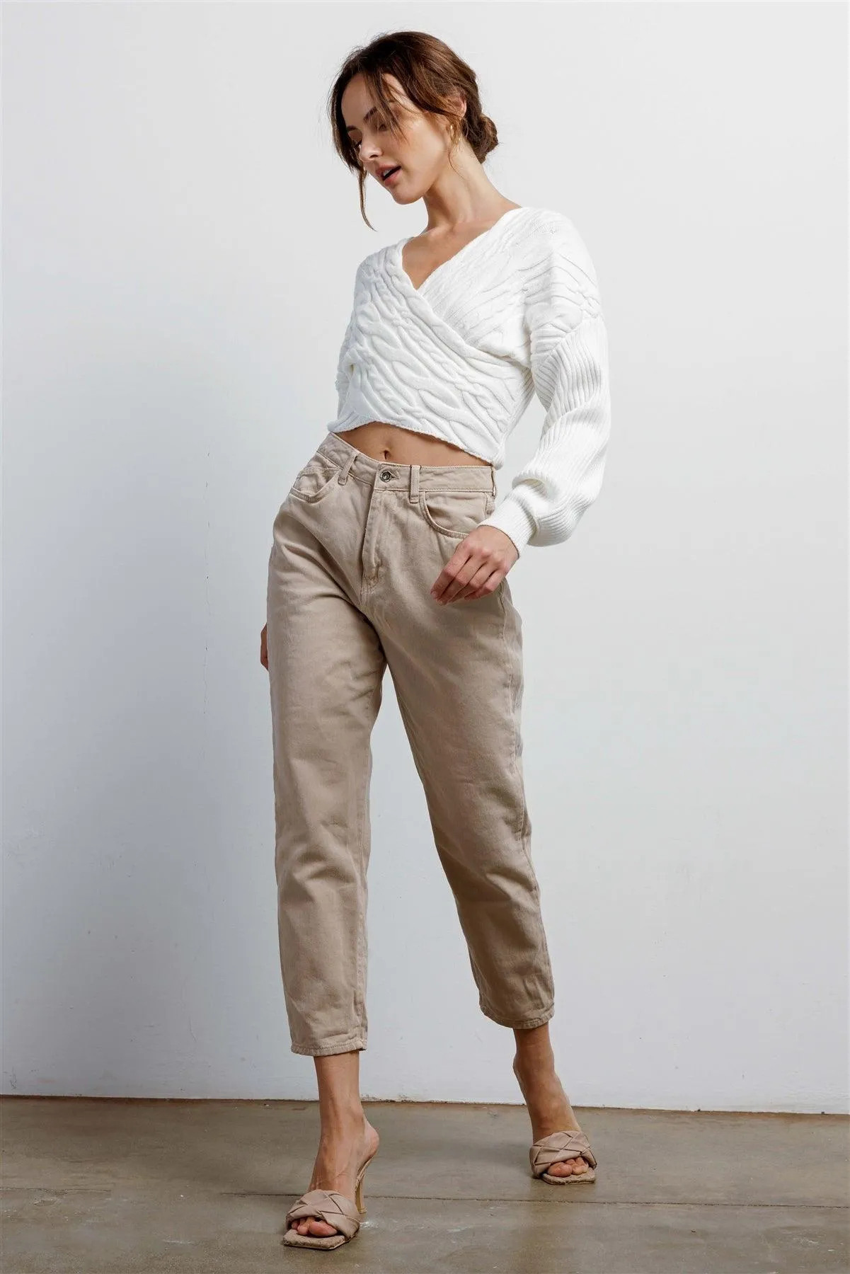 Ivory Cable Knit Wrap V-Neck Long Sleeve Cropped Sweater /3-2-1