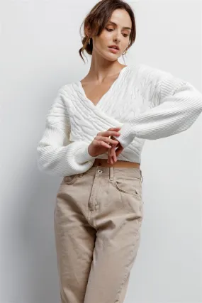 Ivory Cable Knit Wrap V-Neck Long Sleeve Cropped Sweater /3-2-1