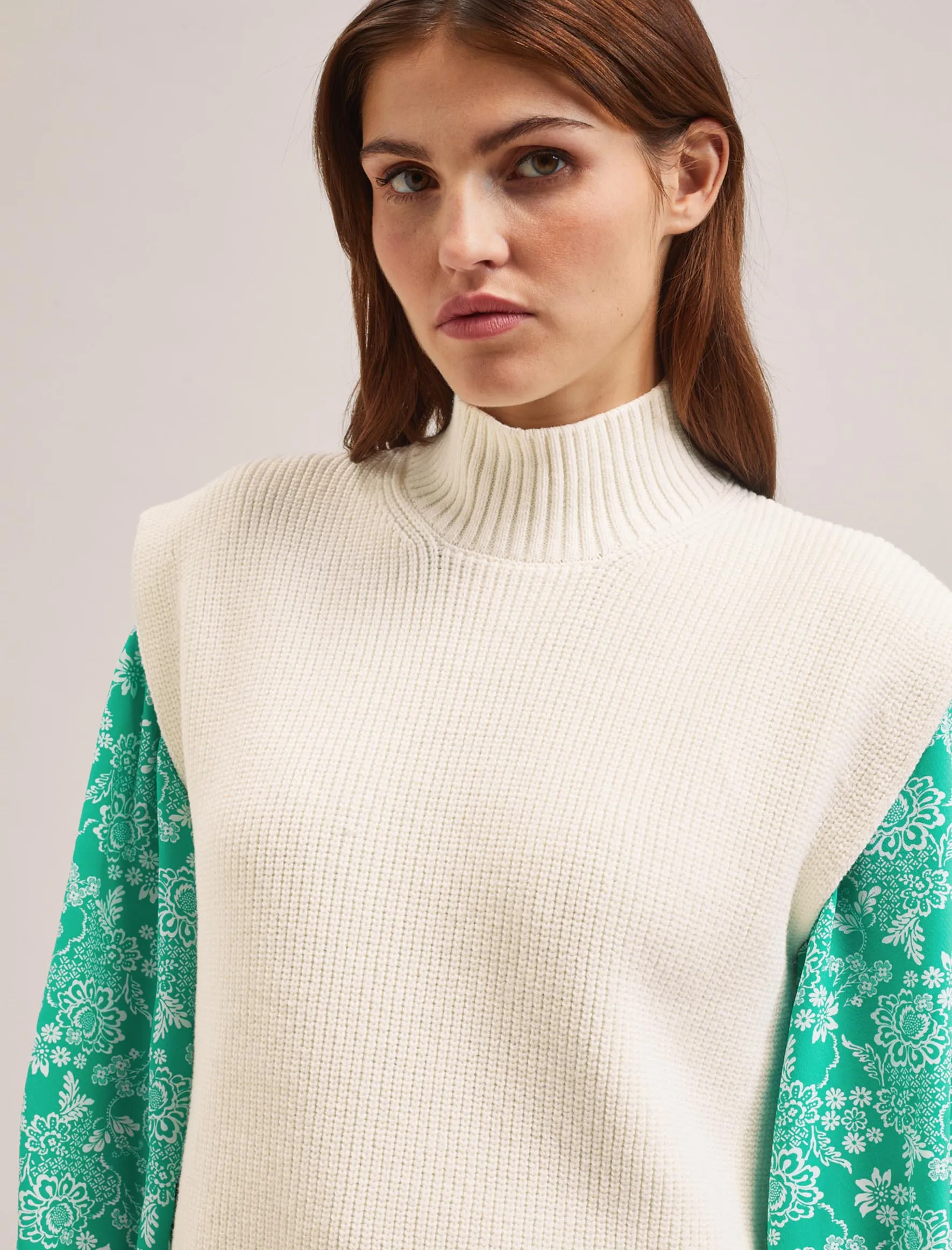 Janice Cotton Blend Funnel Neck Sleeveless Jumper - Cream