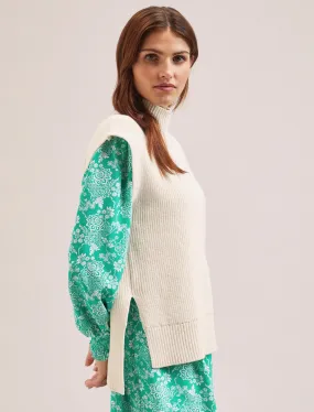 Janice Cotton Blend Funnel Neck Sleeveless Jumper - Cream