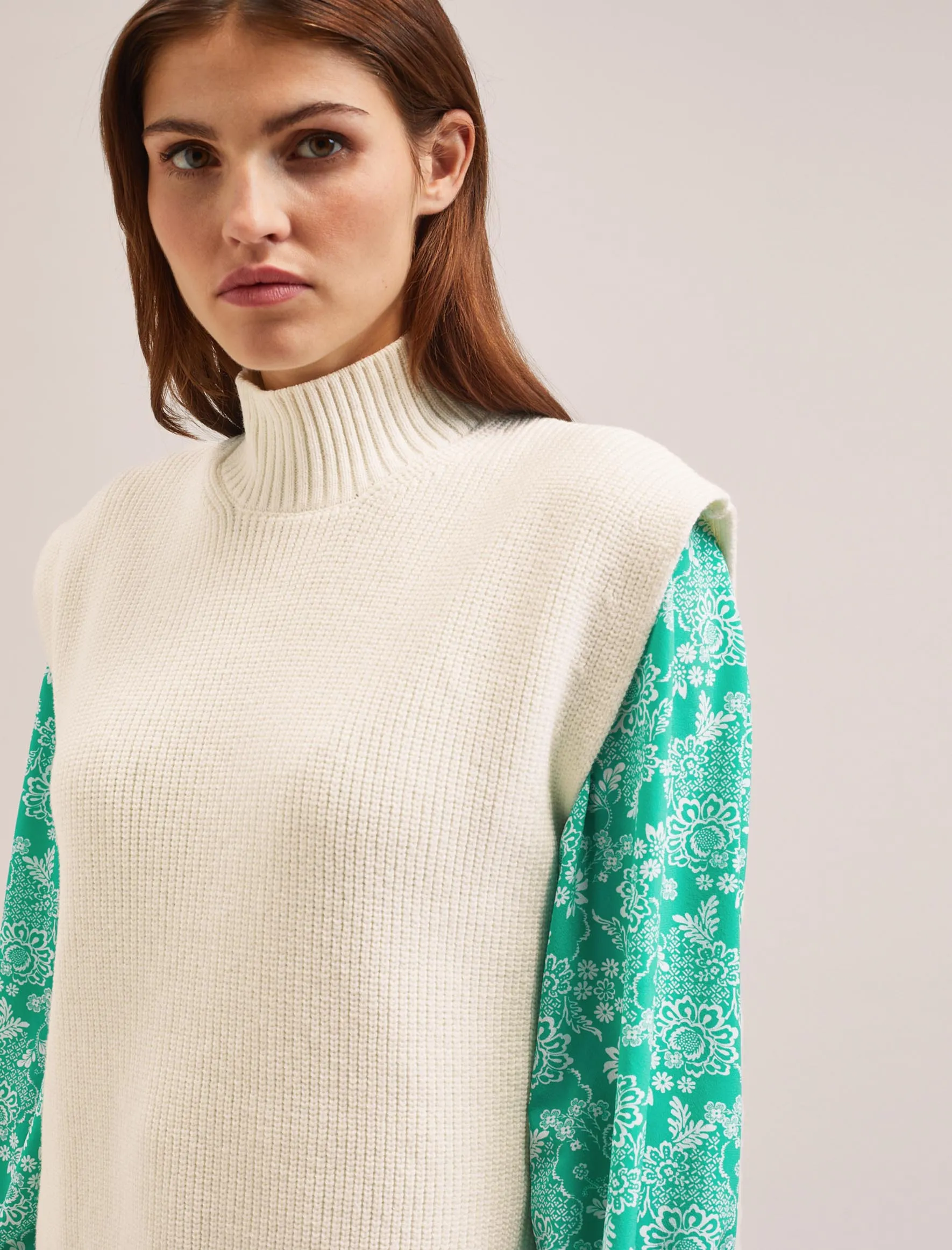 Janice Cotton Blend Funnel Neck Sleeveless Jumper - Cream