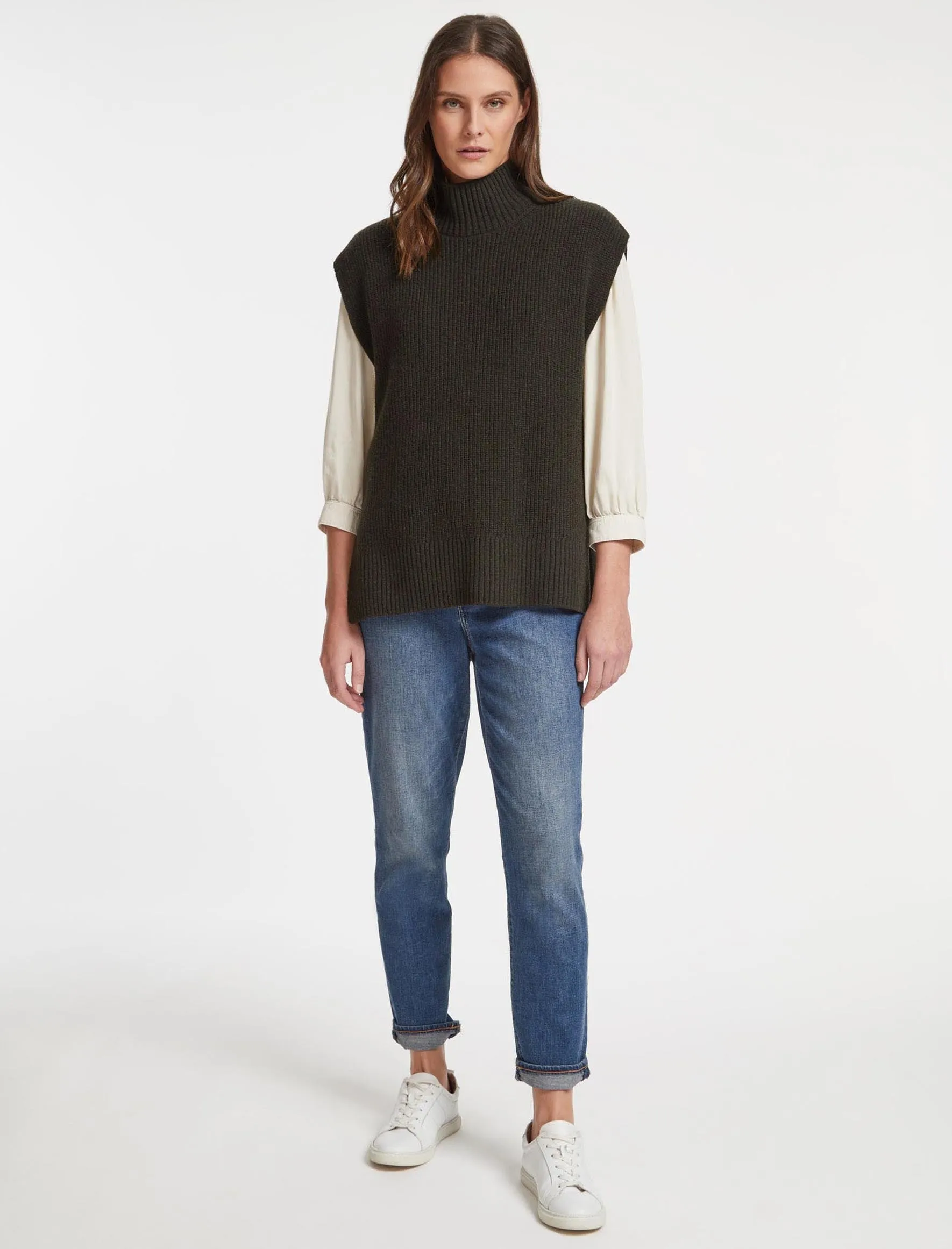 Janice Wool Funnel Neck Sleeveless Jumper - Khaki