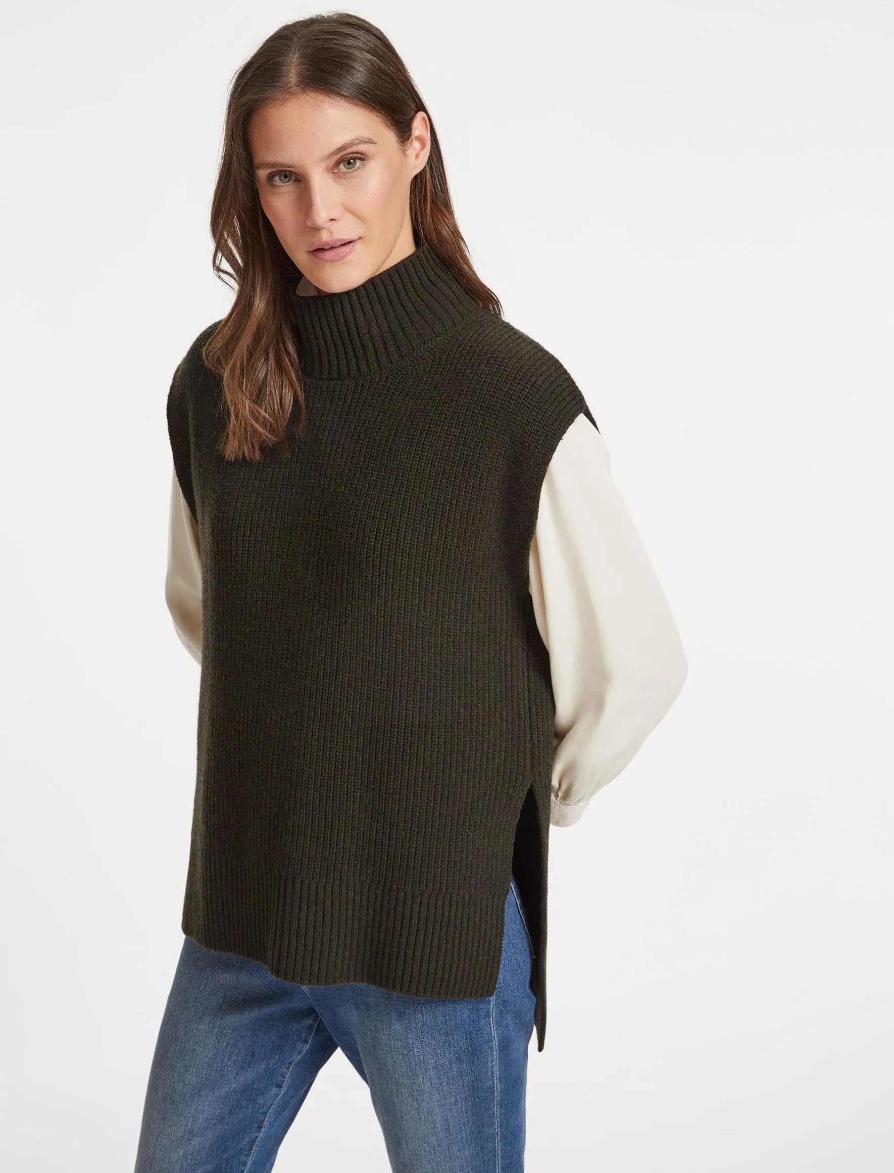 Janice Wool Funnel Neck Sleeveless Jumper - Khaki