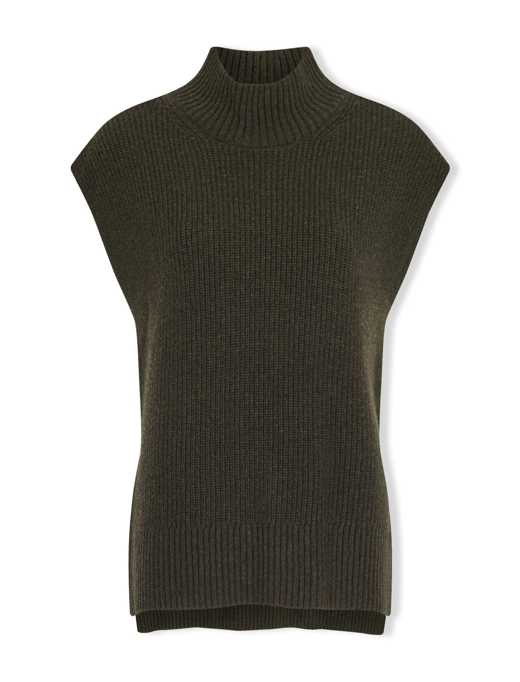 Janice Wool Funnel Neck Sleeveless Jumper - Khaki
