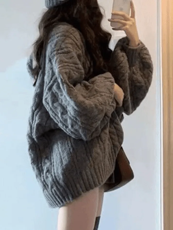 Joskaa Oversize V Neck Gray Cable Knit Sweater