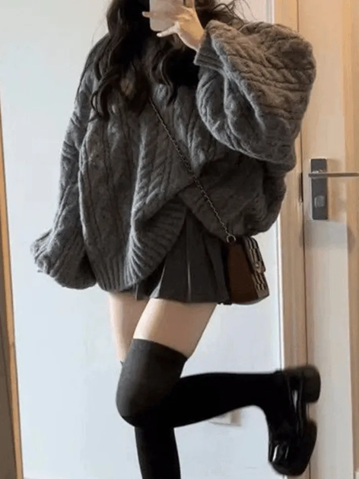Joskaa Oversize V Neck Gray Cable Knit Sweater