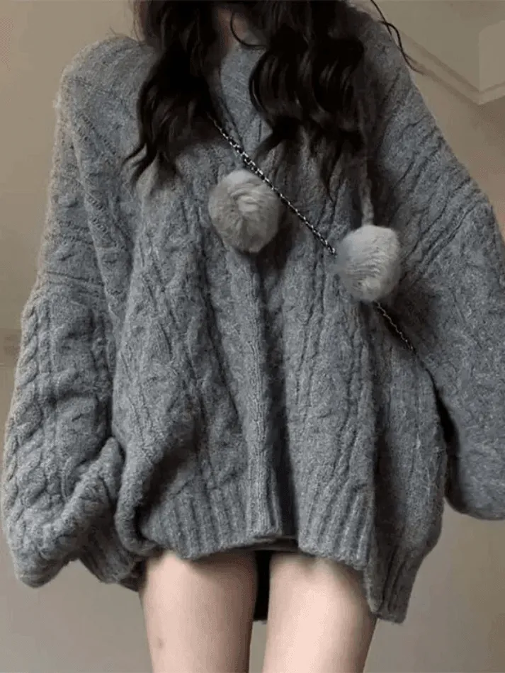 Joskaa Oversize V Neck Gray Cable Knit Sweater