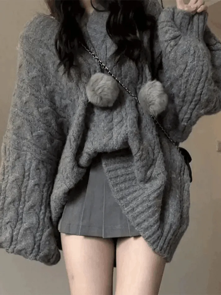 Joskaa Oversize V Neck Gray Cable Knit Sweater