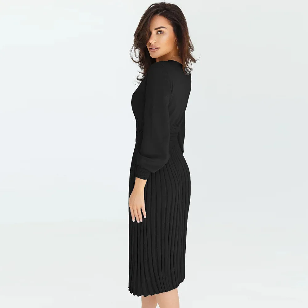 Knitted Slim-fit Pleated Midi Sweater Dress