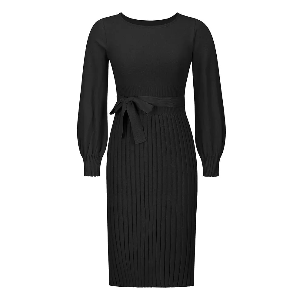 Knitted Slim-fit Pleated Midi Sweater Dress