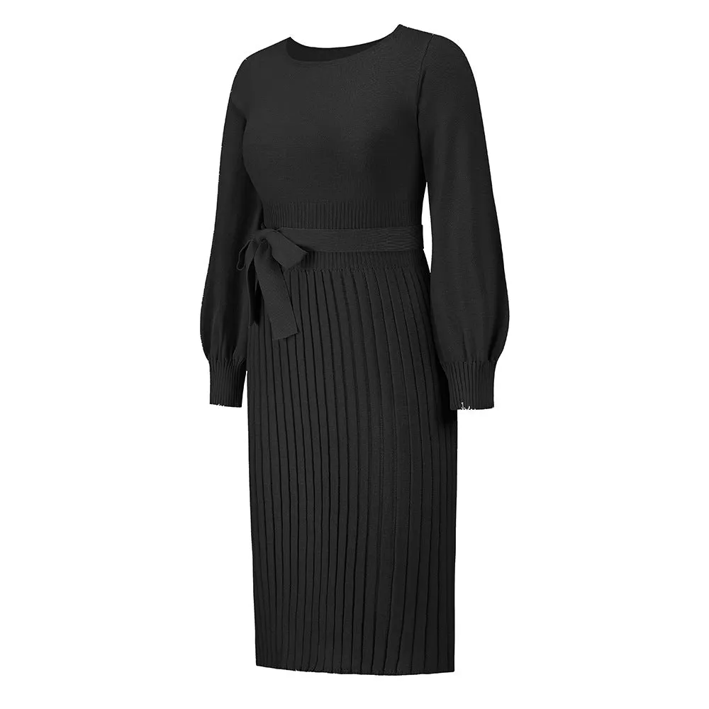 Knitted Slim-fit Pleated Midi Sweater Dress