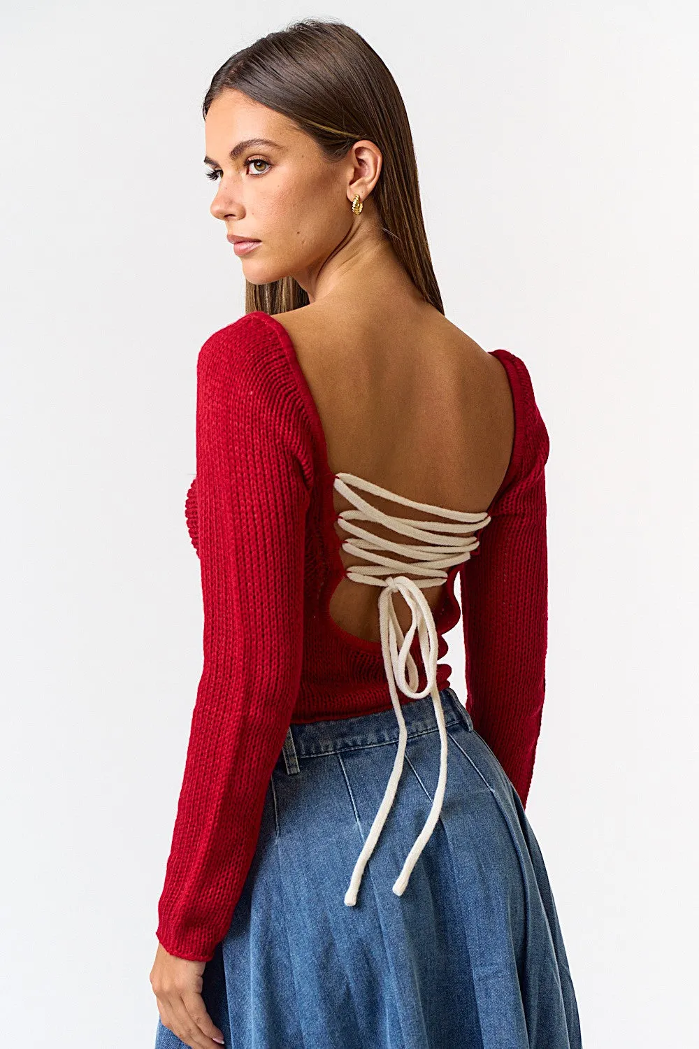 Lace Up Back Sweater Crop Top
