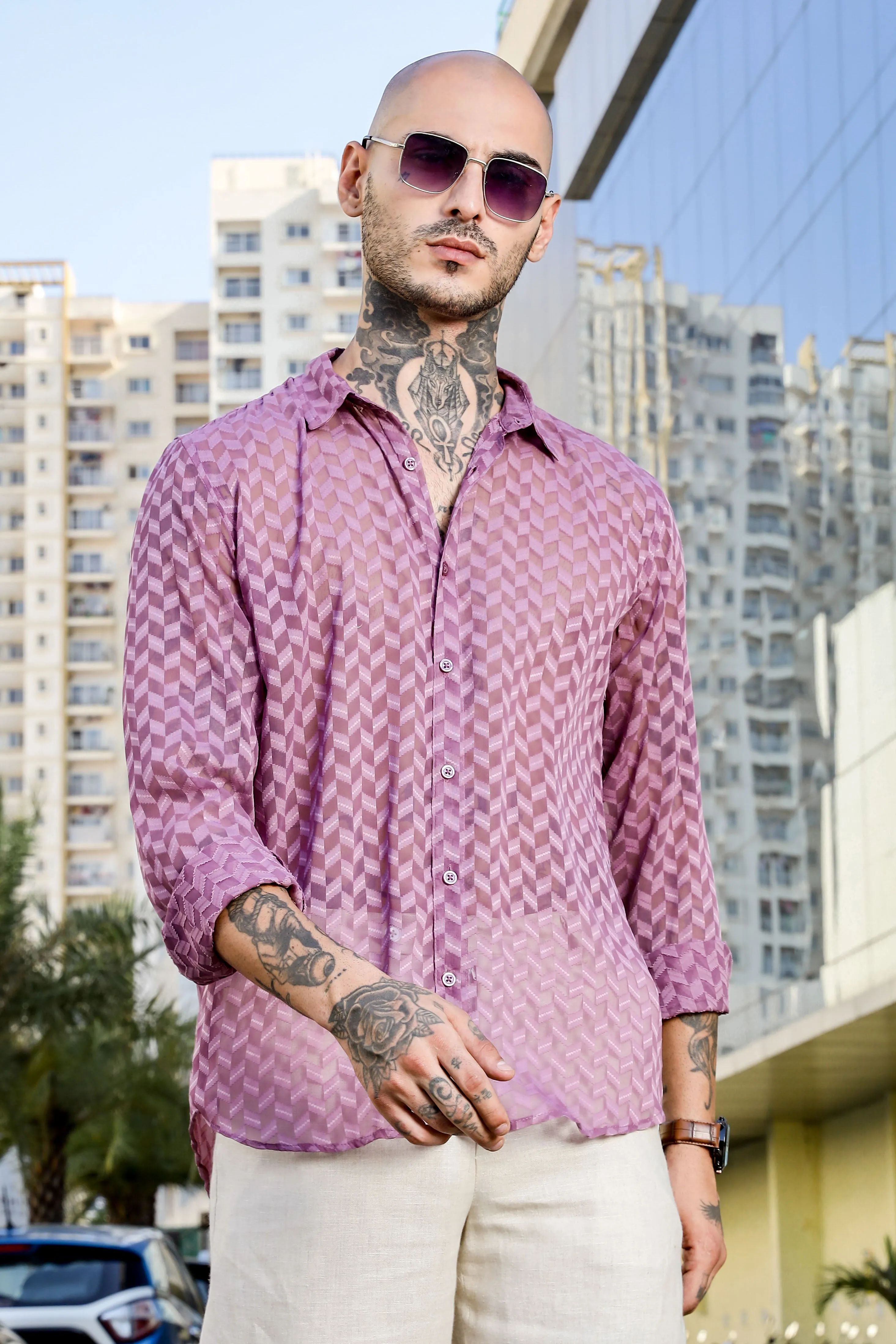 Lavender Classic Semi Sheer Georgette Relaxed Fit Shirt