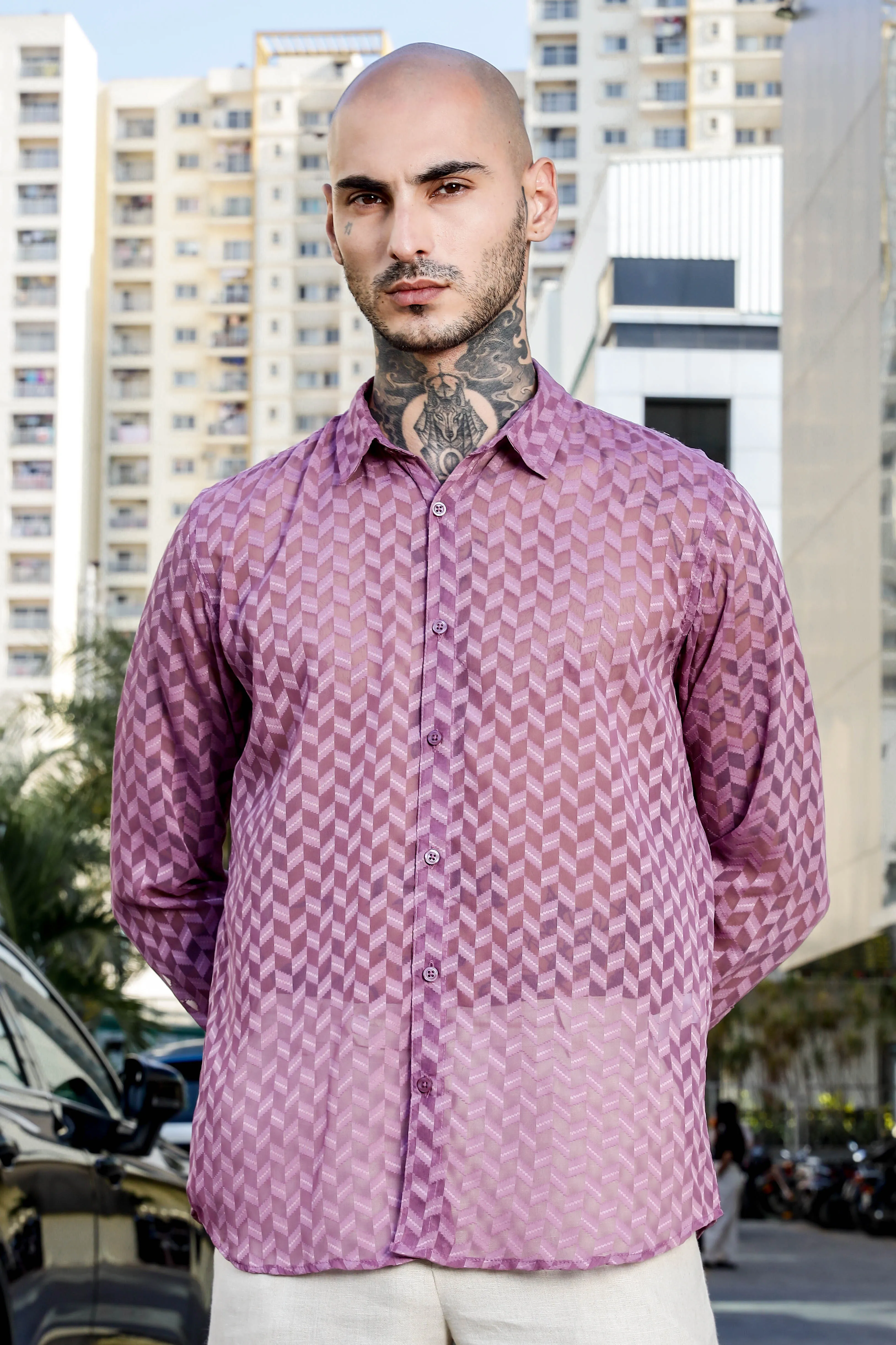 Lavender Classic Semi Sheer Georgette Relaxed Fit Shirt