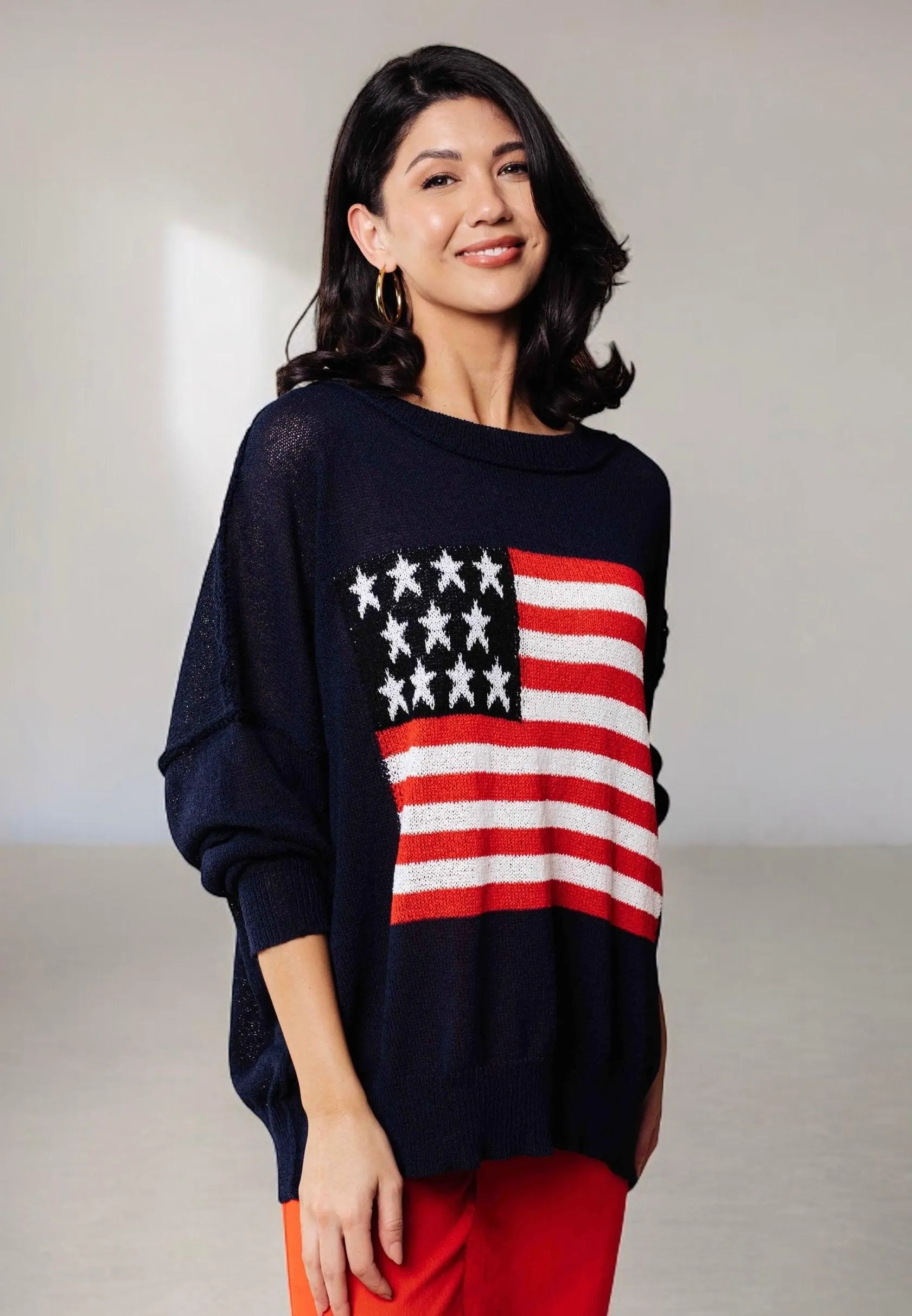 Lightweight American Flag Sweater Knit Pullover