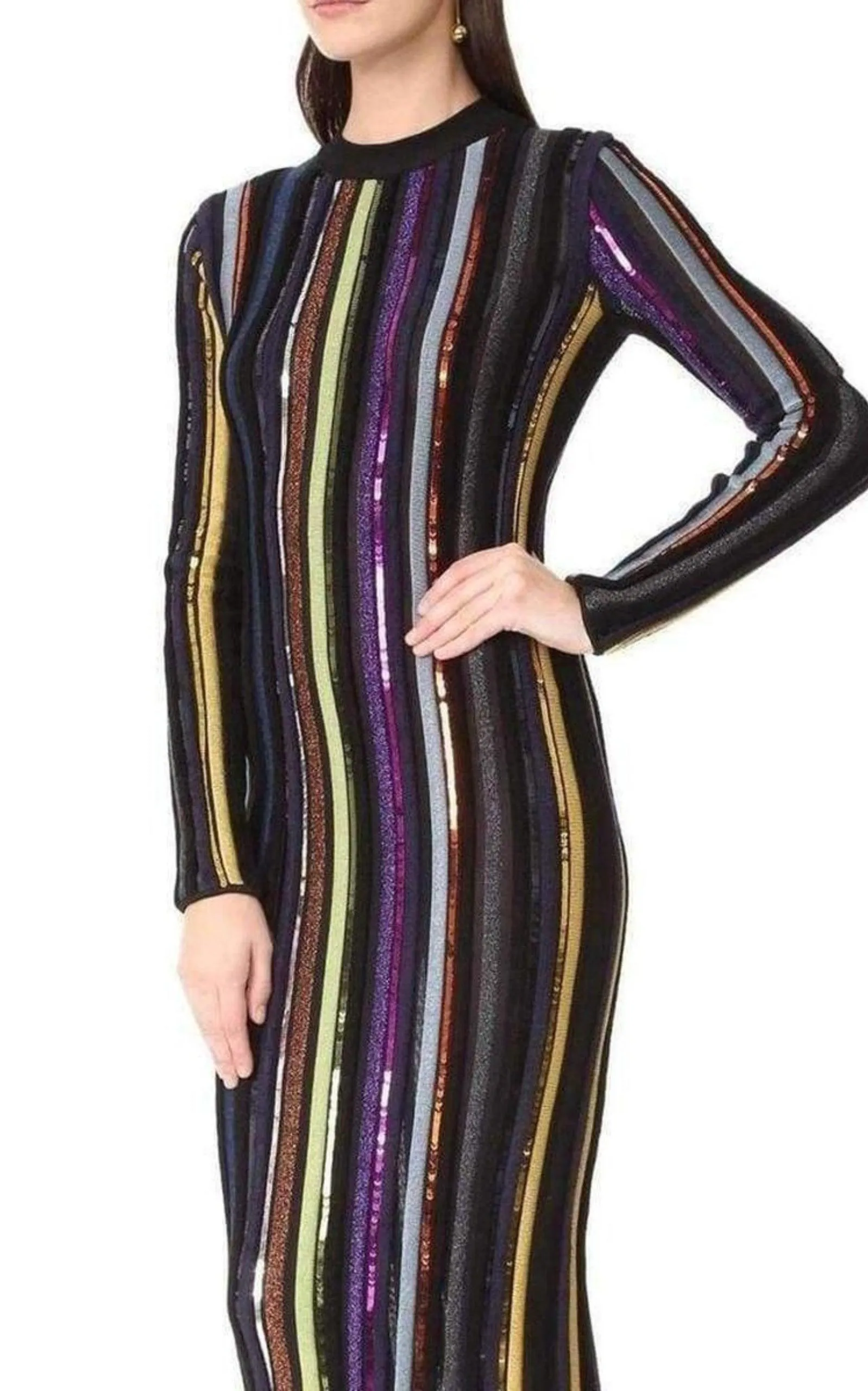 Long Sleeve Sequin Embellished Knit Bayadere Dress