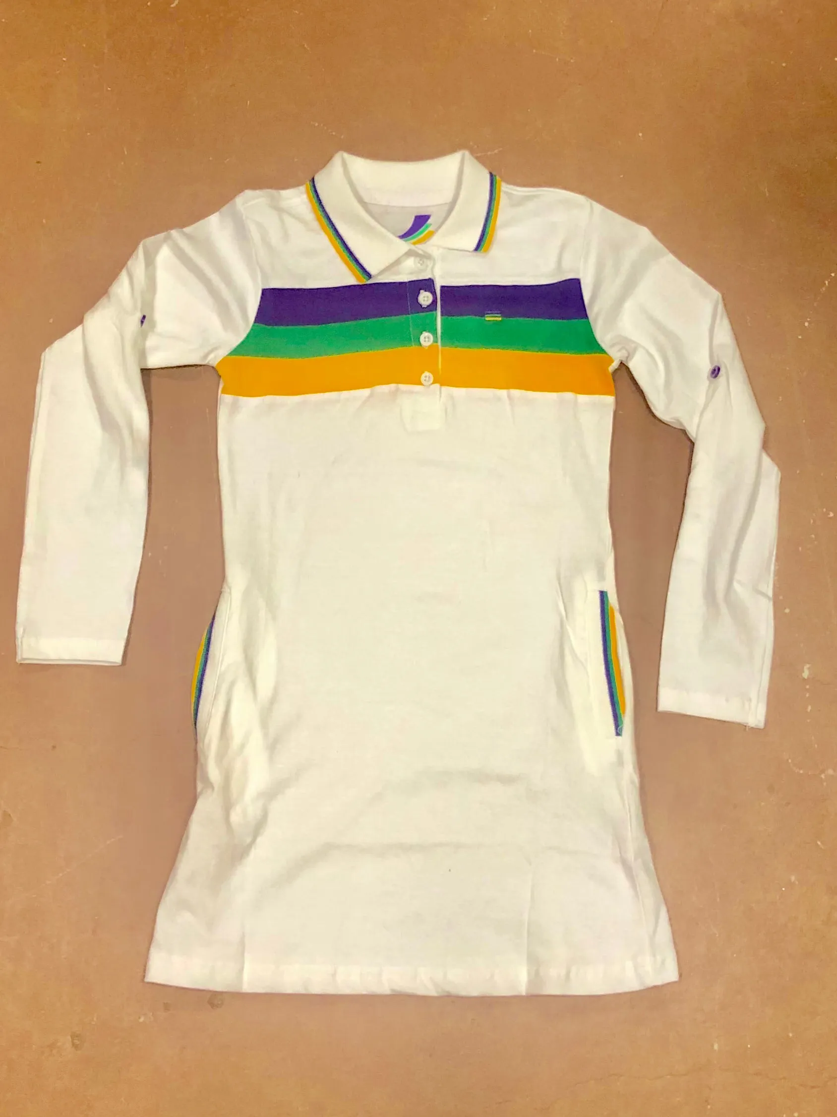 Mardi Gras Girls White Three Striped Polo Dress