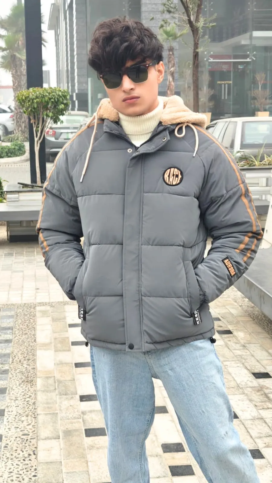 mens imported gray fur cap puffer jacket