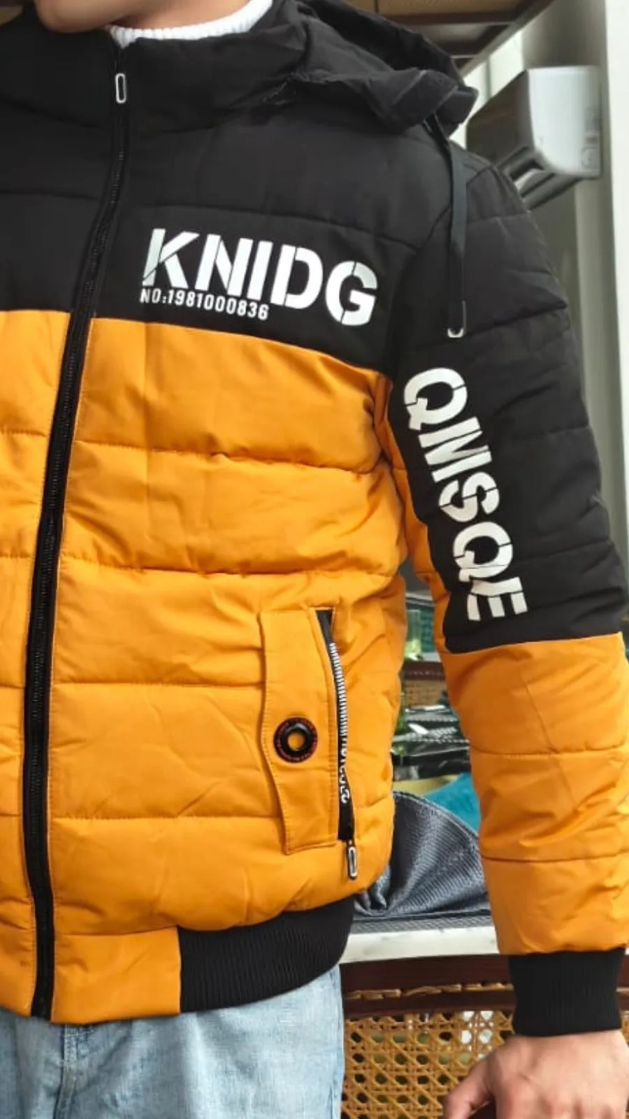 mens imported yellow and black kidgo puffer jacket